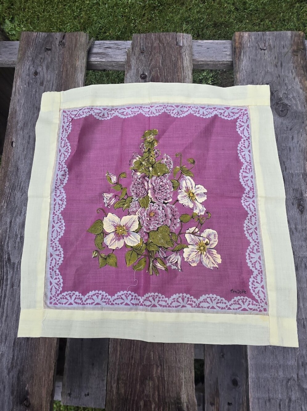 EM JO PE Pale Signed  Hankie  Flowers  handkerchief  11 inches x 11 inches